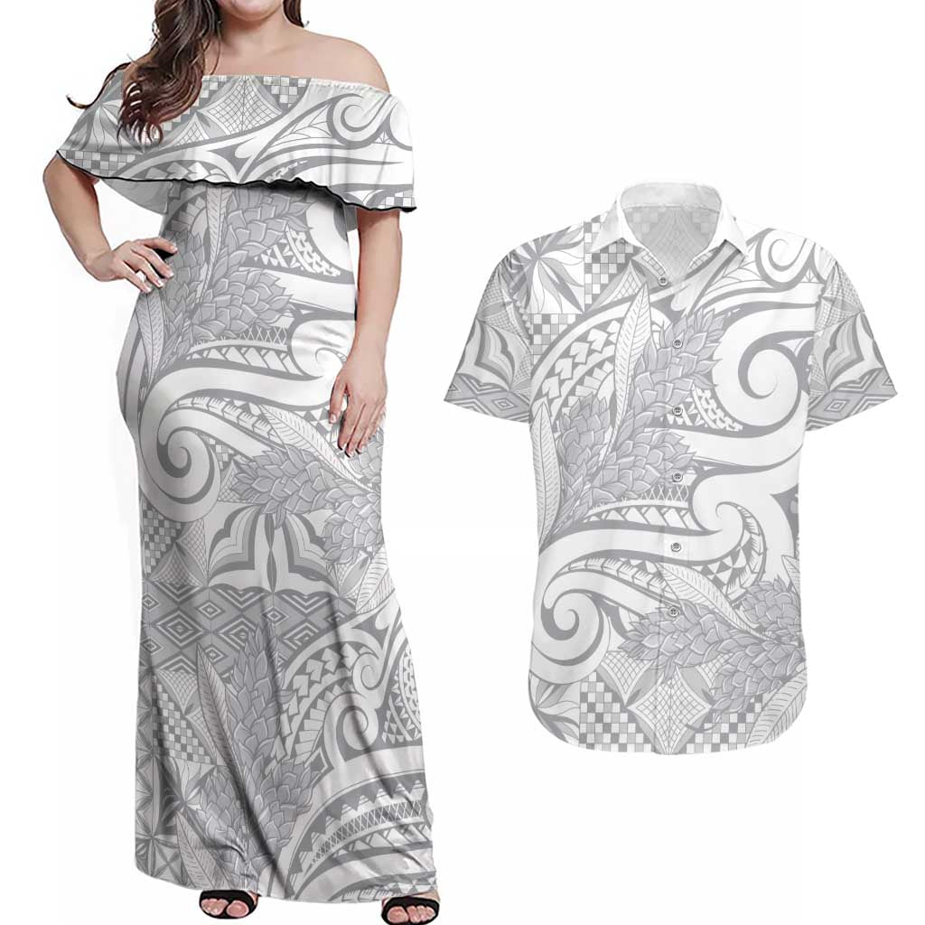 Lotu Tamaiti Samoa Siapo Couples Matching Off Shoulder Maxi Dress and Hawaiian Shirt White Sunday With Teuila Torch Ginger