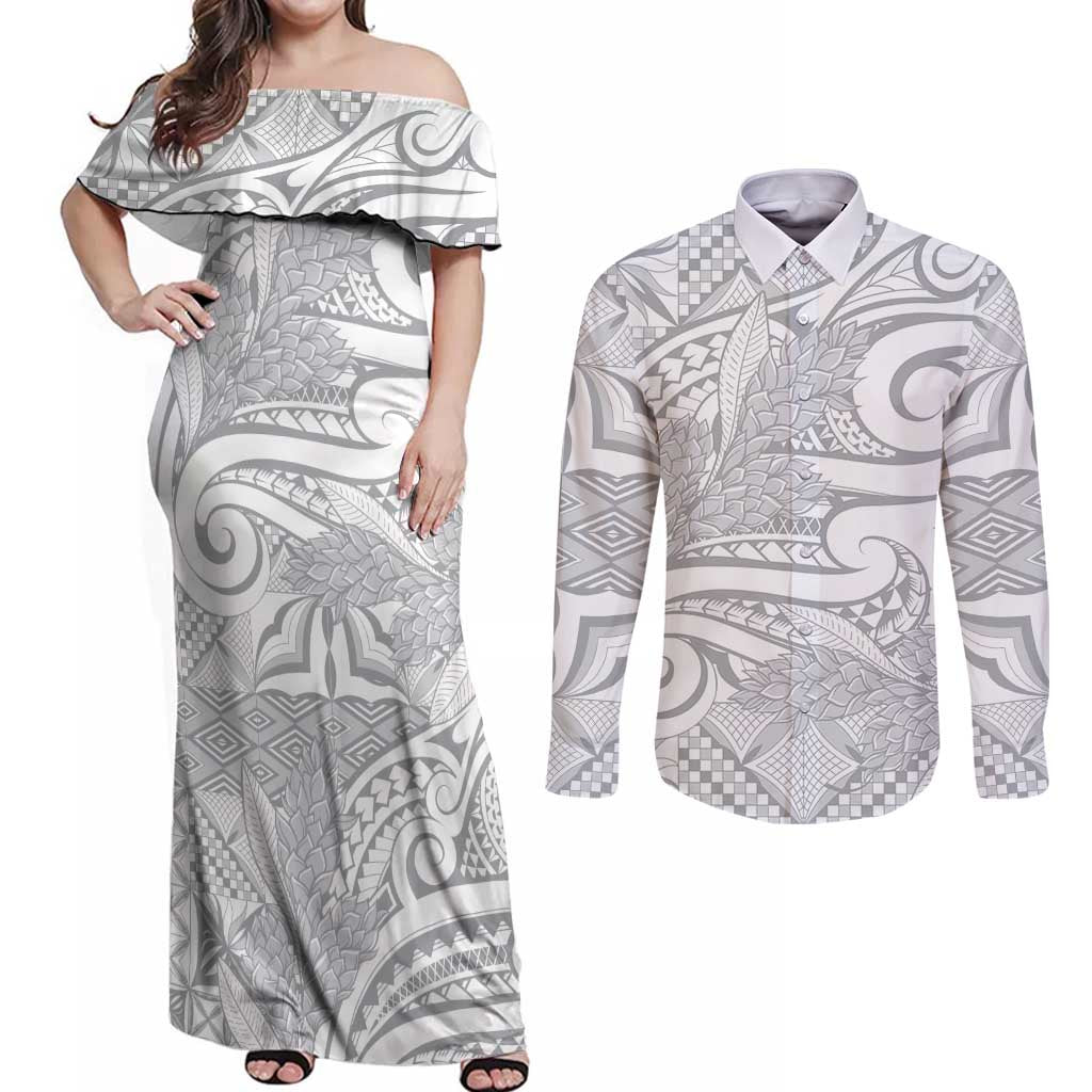 Lotu Tamaiti Samoa Siapo Couples Matching Off Shoulder Maxi Dress and Long Sleeve Button Shirt White Sunday With Teuila Torch Ginger