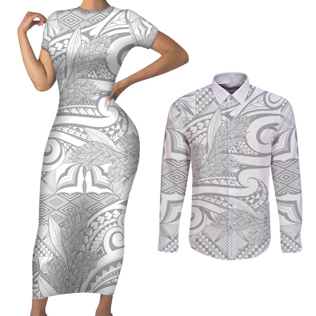 Lotu Tamaiti Samoa Siapo Couples Matching Short Sleeve Bodycon Dress and Long Sleeve Button Shirt White Sunday With Teuila Torch Ginger