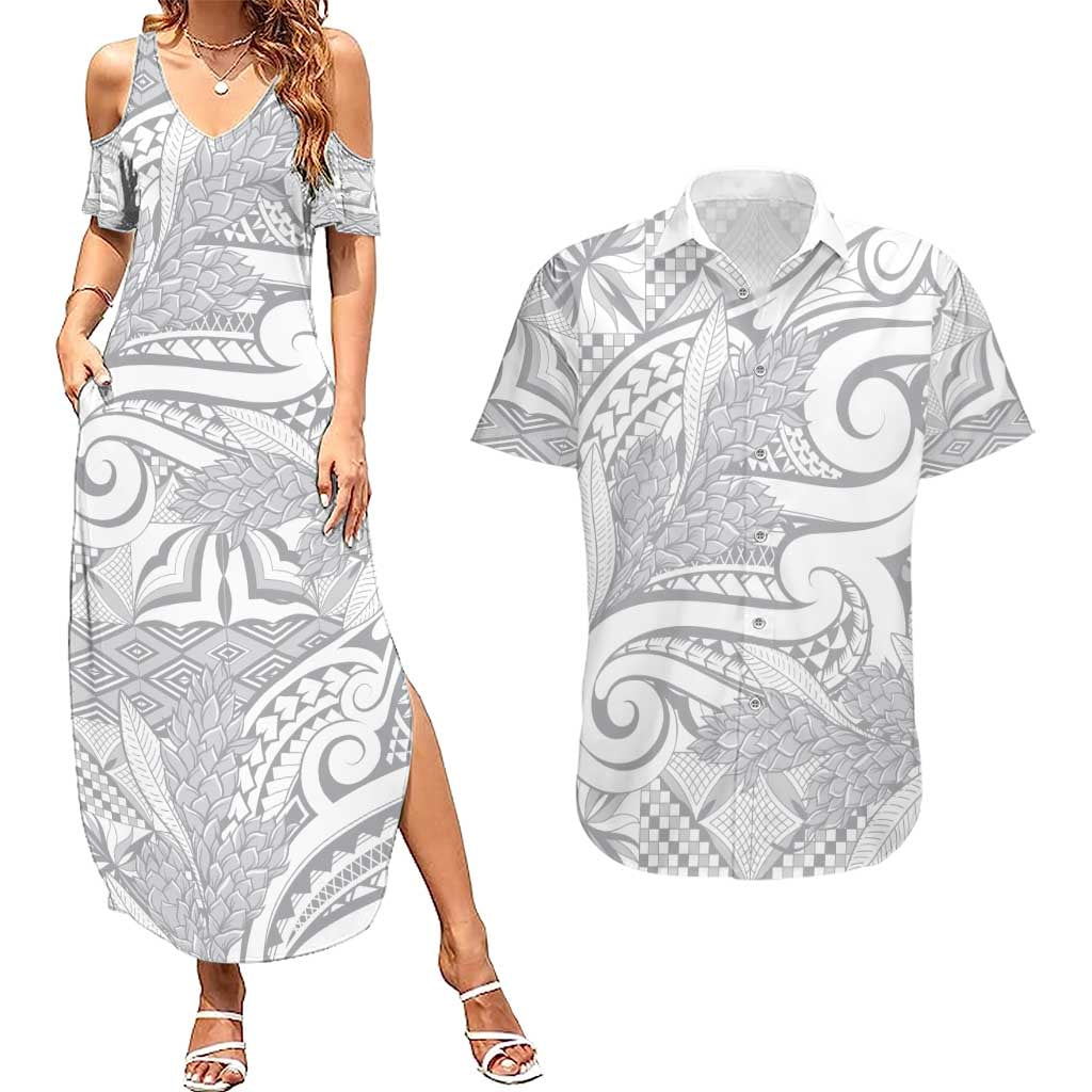 Lotu Tamaiti Samoa Siapo Couples Matching Summer Maxi Dress and Hawaiian Shirt White Sunday With Teuila Torch Ginger