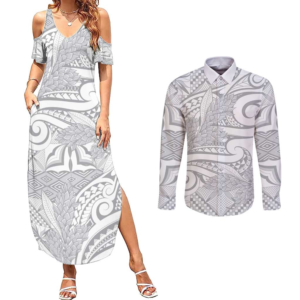 Lotu Tamaiti Samoa Siapo Couples Matching Summer Maxi Dress and Long Sleeve Button Shirt White Sunday With Teuila Torch Ginger