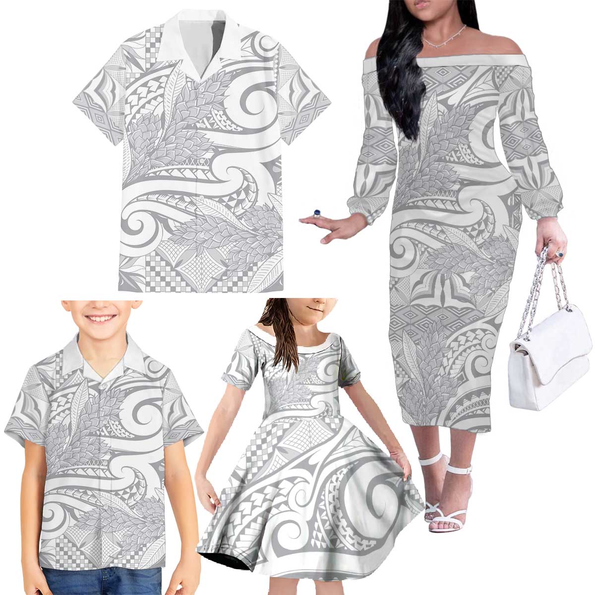 Lotu Tamaiti Samoa Siapo Family Matching Off The Shoulder Long Sleeve Dress and Hawaiian Shirt White Sunday With Teuila Torch Ginger