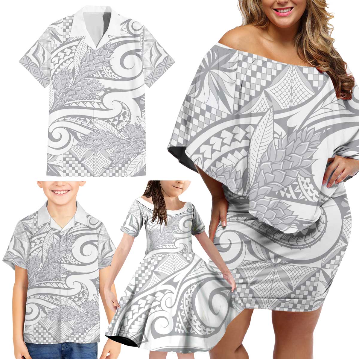 Lotu Tamaiti Samoa Siapo Family Matching Off Shoulder Short Dress and Hawaiian Shirt White Sunday With Teuila Torch Ginger