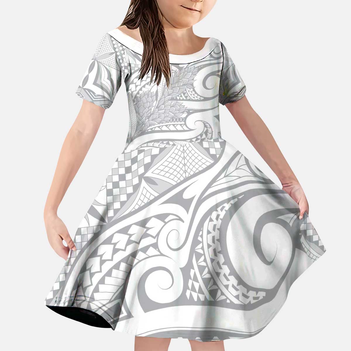 Lotu Tamaiti Samoa Siapo Kid Short Sleeve Dress White Sunday With Teuila Torch Ginger