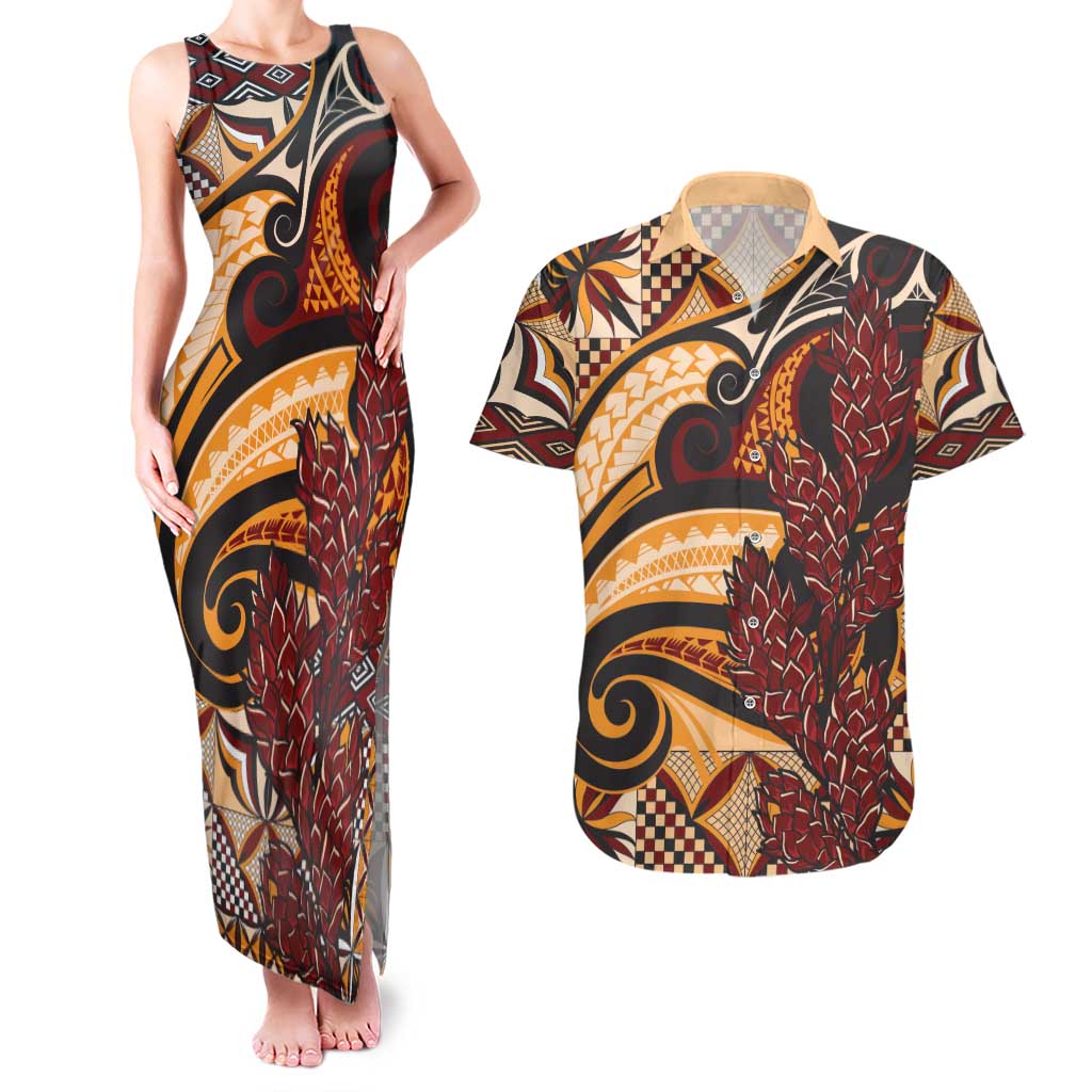 Vintage Samoa Siapo Couples Matching Tank Maxi Dress and Hawaiian Shirt With Teuila Torch Ginger