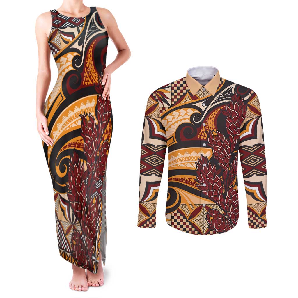 Vintage Samoa Siapo Couples Matching Tank Maxi Dress and Long Sleeve Button Shirt With Teuila Torch Ginger