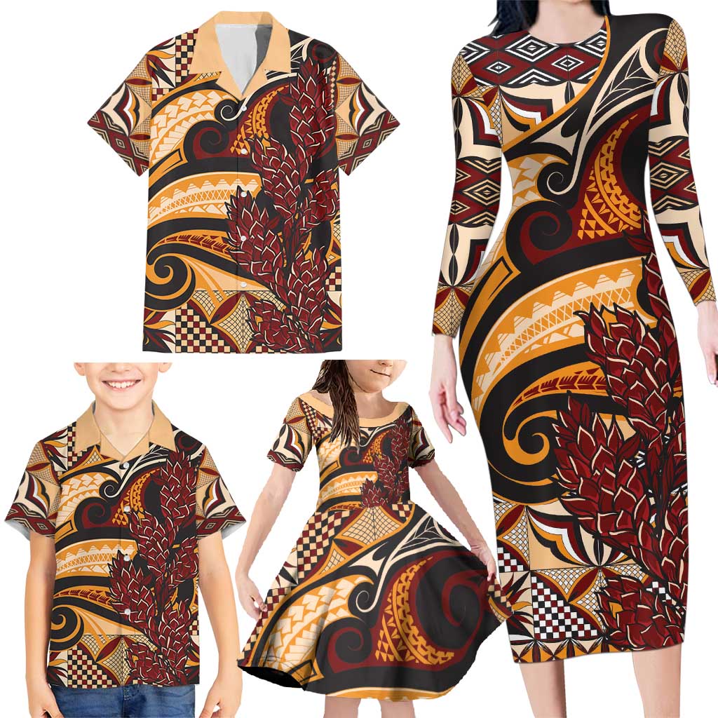 Vintage Samoa Siapo Family Matching Long Sleeve Bodycon Dress and Hawaiian Shirt With Teuila Torch Ginger