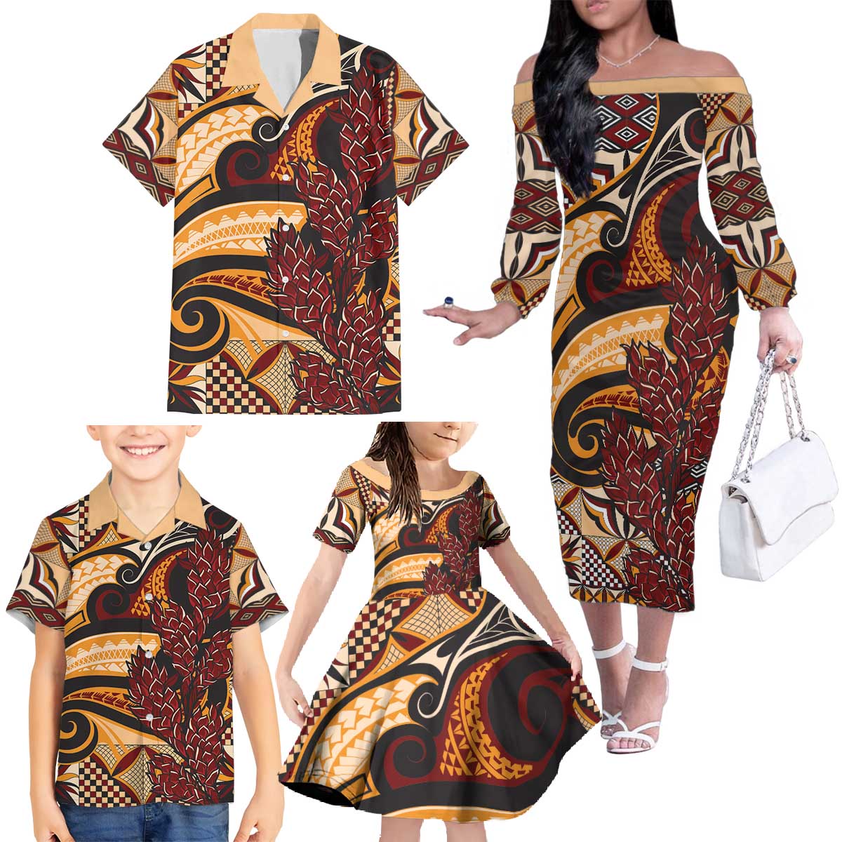 Vintage Samoa Siapo Family Matching Off The Shoulder Long Sleeve Dress and Hawaiian Shirt With Teuila Torch Ginger