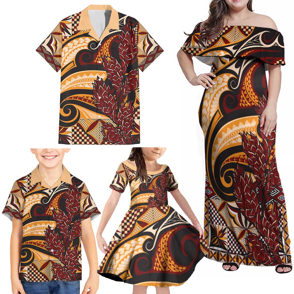 Vintage Samoa Siapo Family Matching Off Shoulder Maxi Dress and Hawaiian Shirt With Teuila Torch Ginger