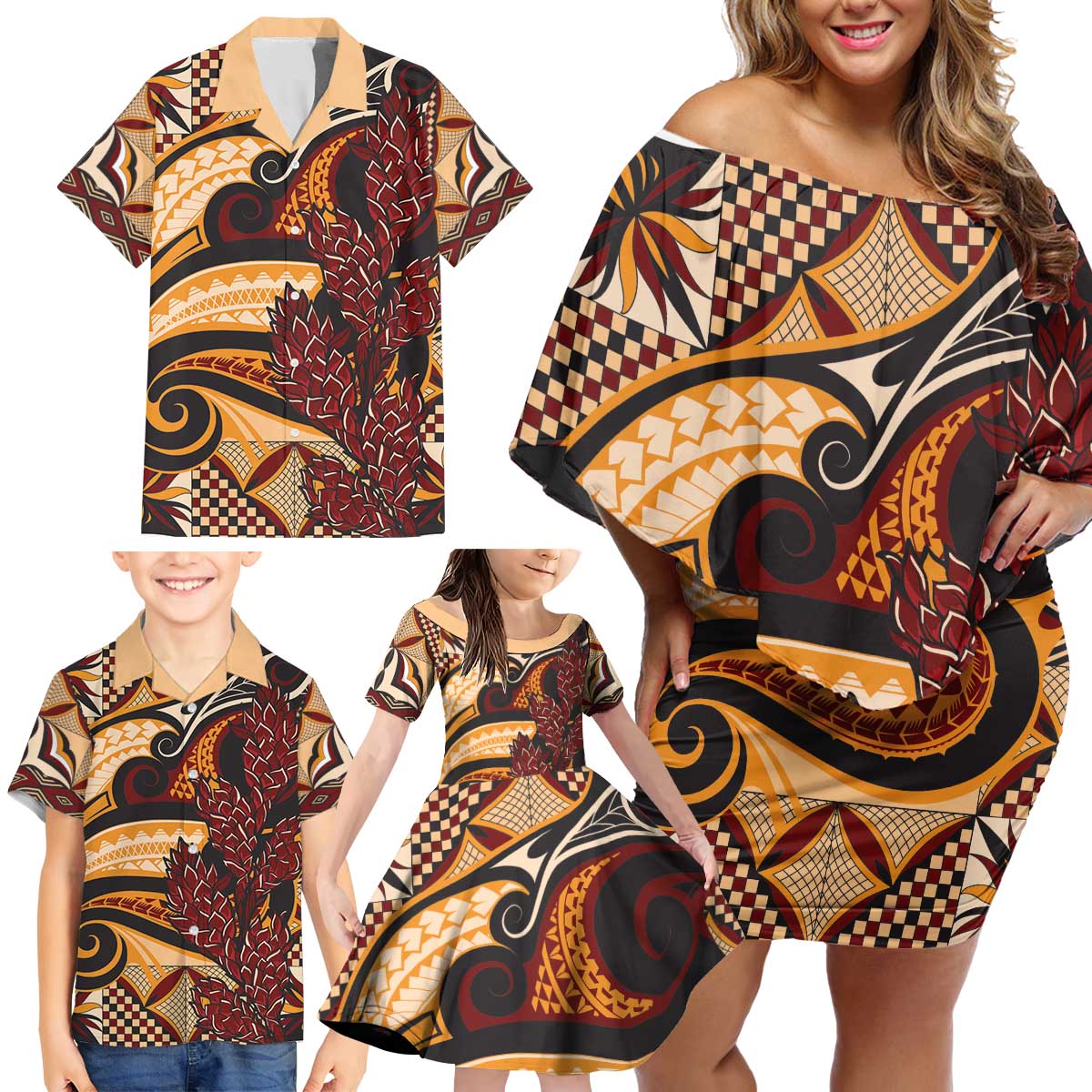 Vintage Samoa Siapo Family Matching Off Shoulder Short Dress and Hawaiian Shirt With Teuila Torch Ginger