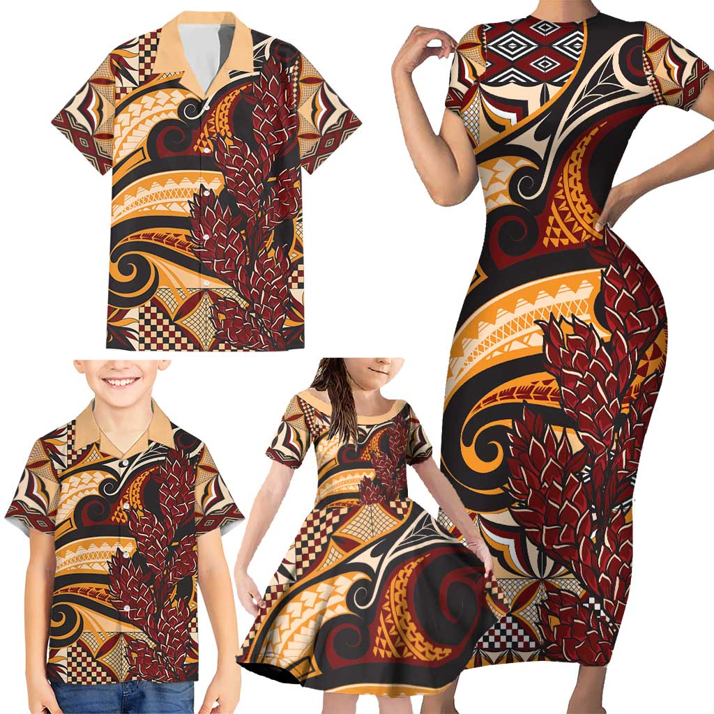 Vintage Samoa Siapo Family Matching Short Sleeve Bodycon Dress and Hawaiian Shirt With Teuila Torch Ginger