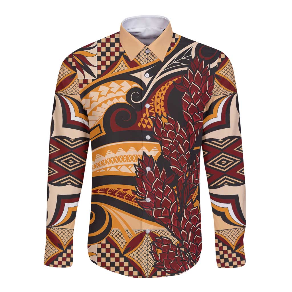 Vintage Samoa Siapo Long Sleeve Button Shirt With Teuila Torch Ginger