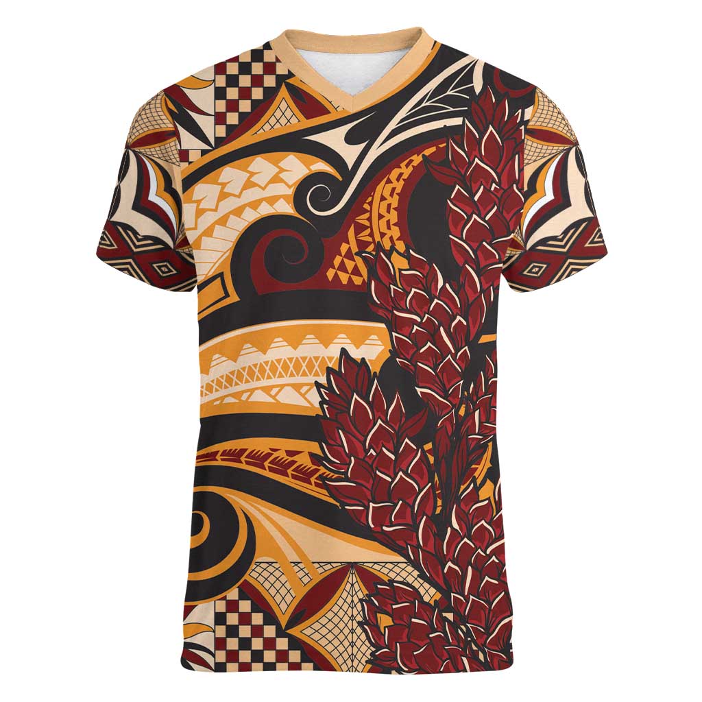 Vintage Samoa Siapo Women V-Neck T-Shirt With Teuila Torch Ginger