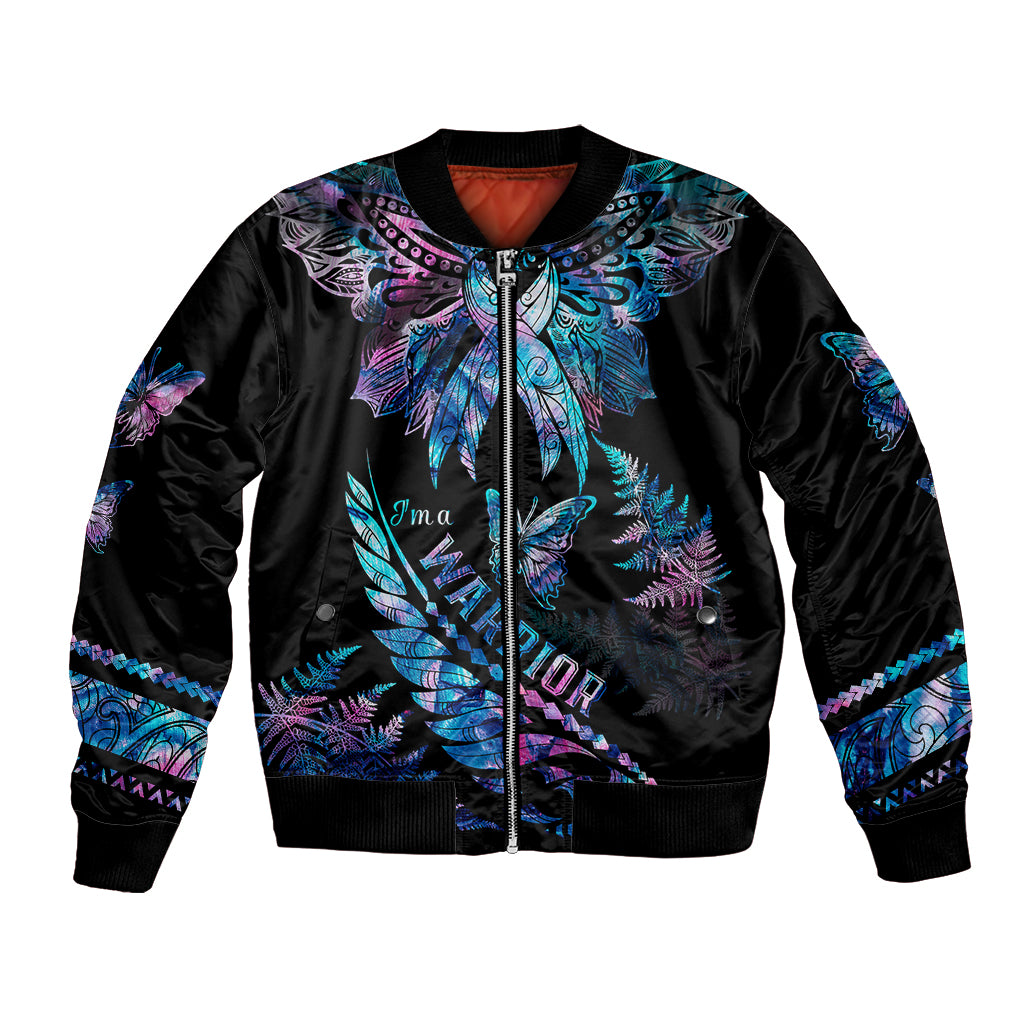 Polynesia Ribbon Butterflies Bomber Jacket Silver Fern Breast Cancer With Papua Shell Pattern LT9 Unisex Black - Polynesian Pride