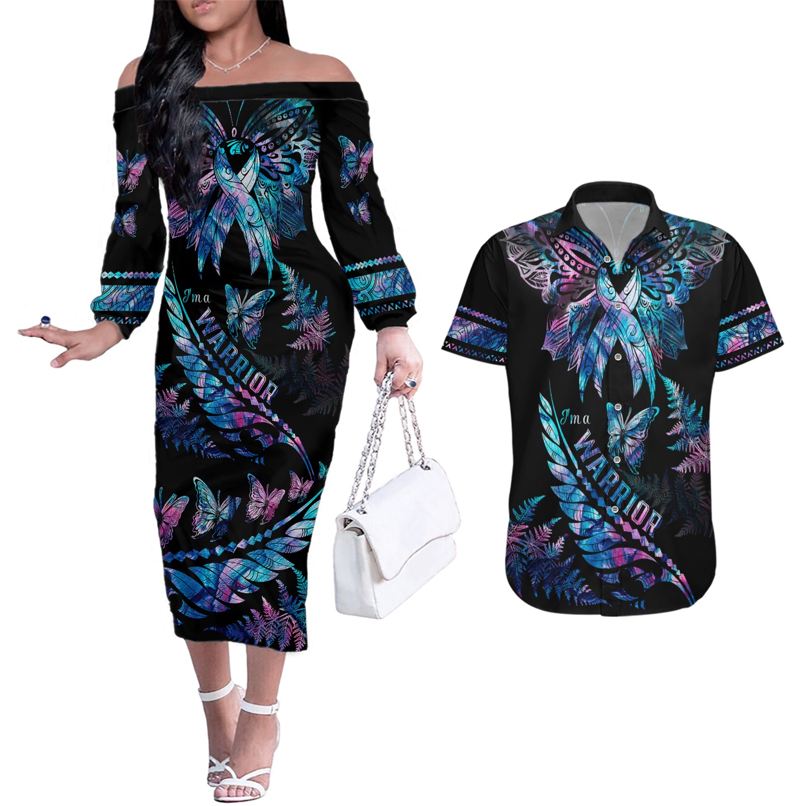 Polynesia Ribbon Butterflies Couples Matching Off The Shoulder Long Sleeve Dress and Hawaiian Shirt Silver Fern Breast Cancer With Papua Shell Pattern LT9 Black - Polynesian Pride