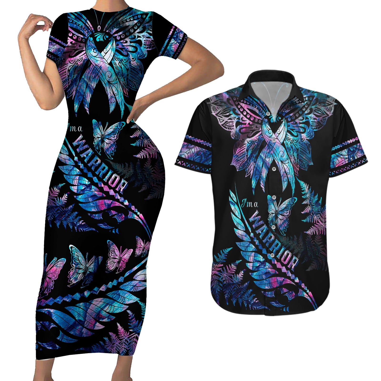 Polynesia Ribbon Butterflies Couples Matching Short Sleeve Bodycon Dress and Hawaiian Shirt Silver Fern Breast Cancer With Papua Shell Pattern LT9 Black - Polynesian Pride