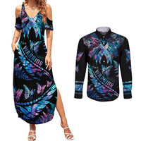 Polynesia Ribbon Butterflies Couples Matching Summer Maxi Dress and Long Sleeve Button Shirts Silver Fern Breast Cancer With Papua Shell Pattern LT9 Black - Polynesian Pride