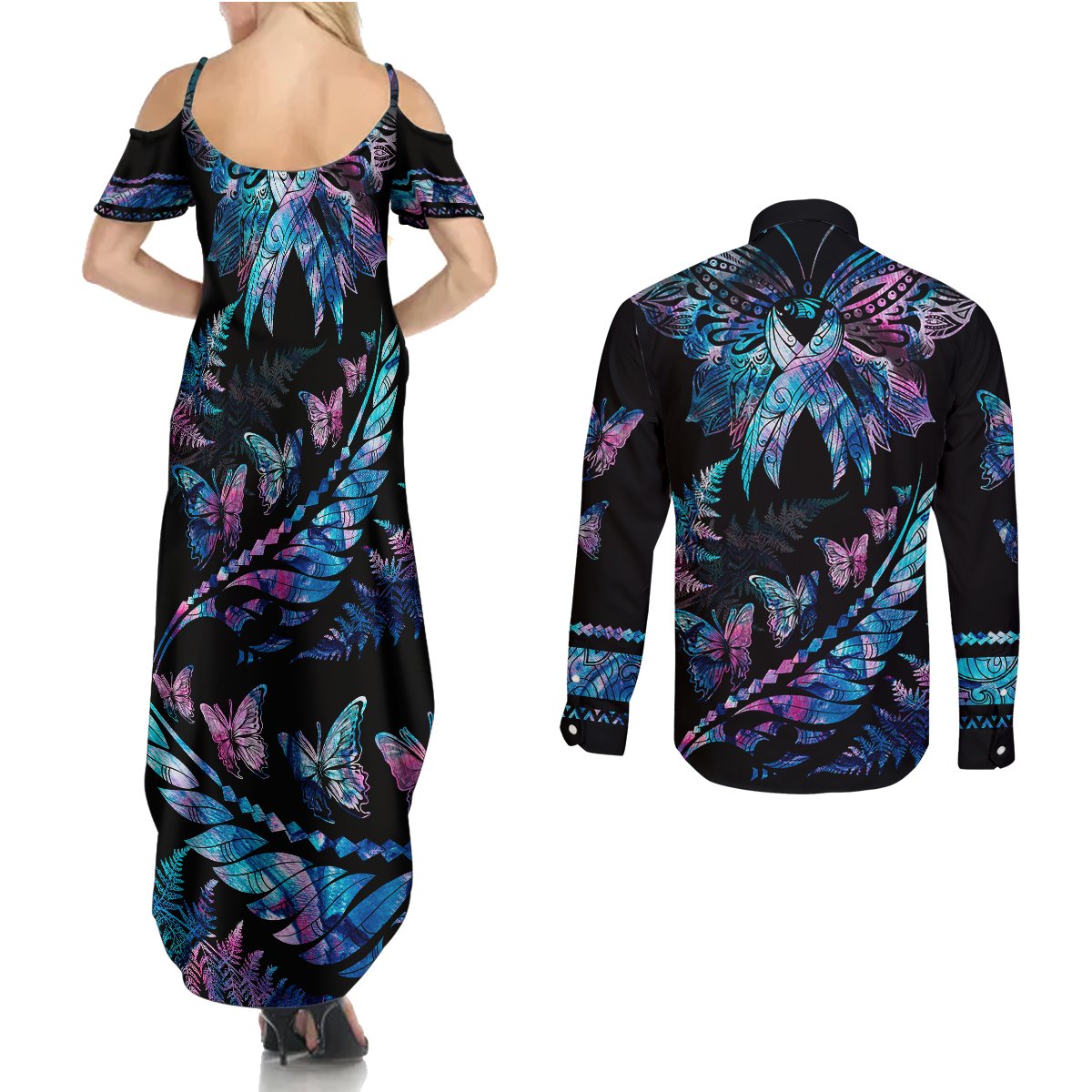 Polynesia Ribbon Butterflies Couples Matching Summer Maxi Dress and Long Sleeve Button Shirts Silver Fern Breast Cancer With Papua Shell Pattern LT9 - Polynesian Pride