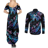 Polynesia Ribbon Butterflies Couples Matching Summer Maxi Dress and Long Sleeve Button Shirts Silver Fern Breast Cancer With Papua Shell Pattern LT9 - Polynesian Pride