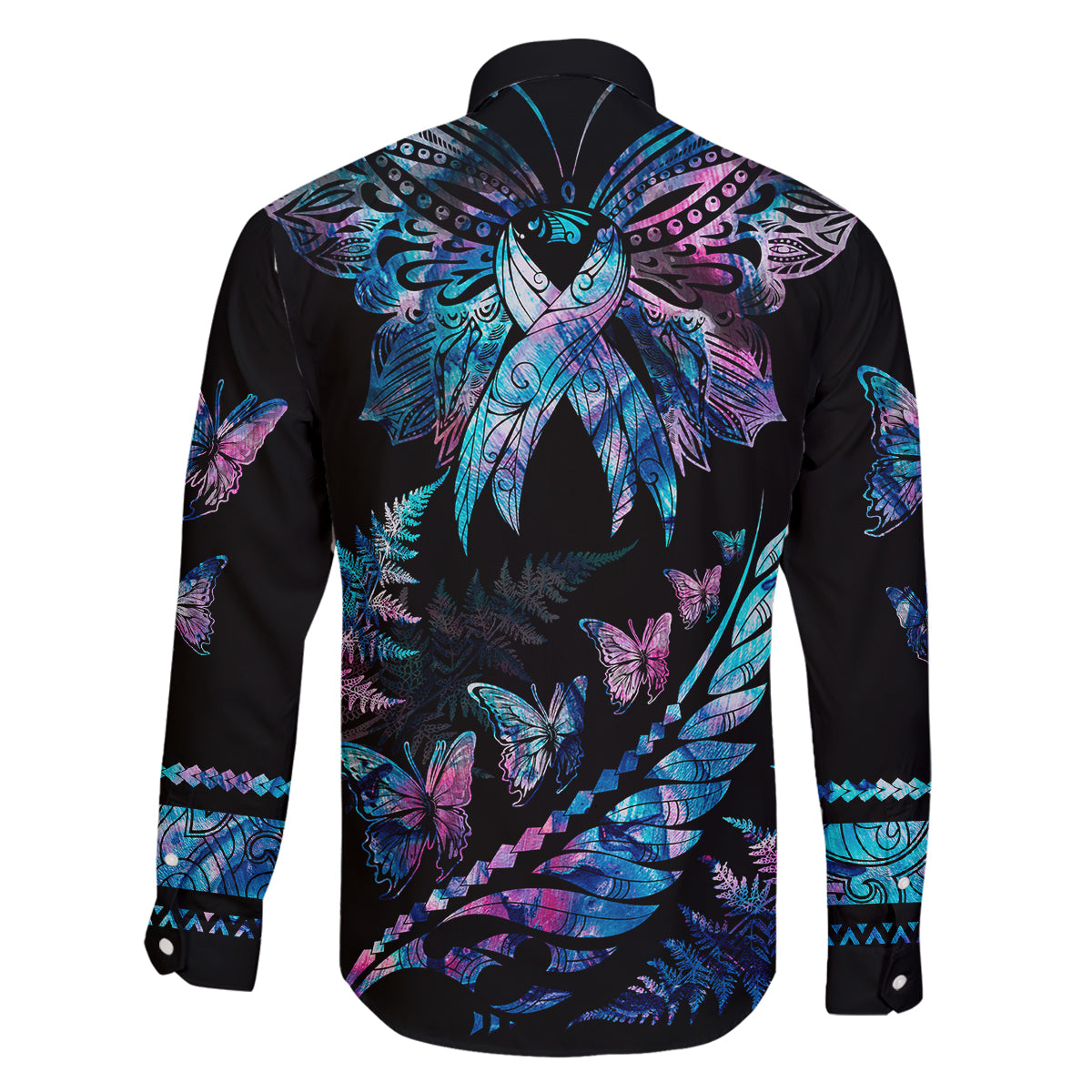 polynesia-ribbon-butterflies-family-matching-long-sleeve-bodycon-dress-and-hawaiian-shirt-silver-fern-breast-cancer-with-papua-shell-pattern