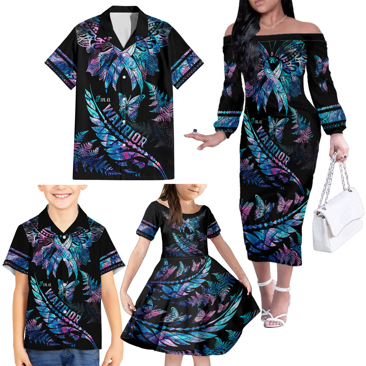 polynesia-ribbon-butterflies-family-matching-off-shoulder-long-sleeve-dress-and-hawaiian-shirt-silver-fern-breast-cancer-with-papua-shell-pattern