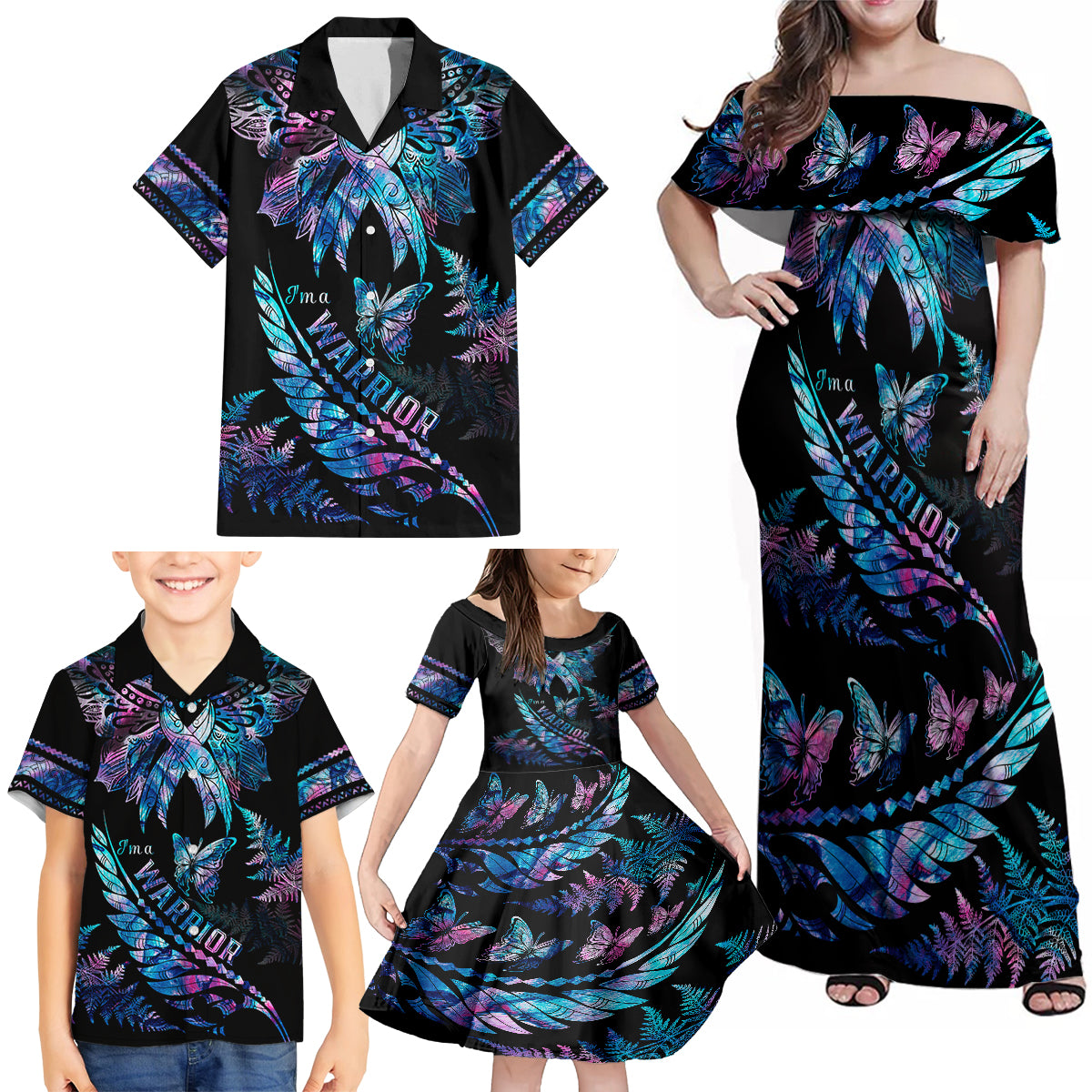 polynesia-ribbon-butterflies-family-matching-off-shoulder-maxi-dress-and-hawaiian-shirt-silver-fern-breast-cancer-with-papua-shell-pattern