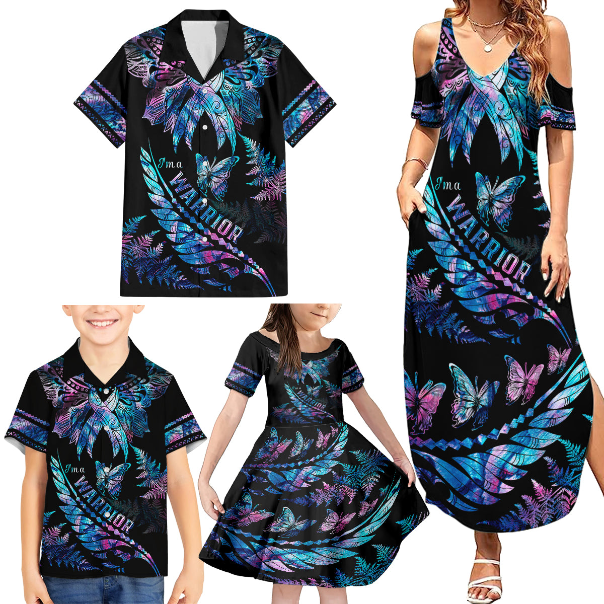 polynesia-ribbon-butterflies-family-matching-summer-maxi-dress-and-hawaiian-shirt-silver-fern-breast-cancer-with-papua-shell-pattern