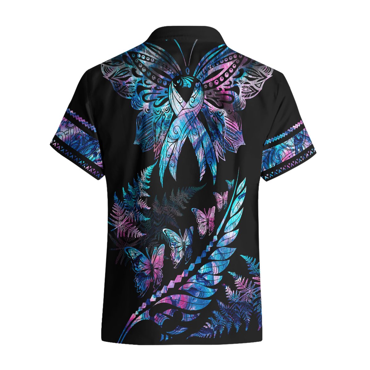 Polynesia Ribbon Butterflies Hawaiian Shirt Silver Fern Breast Cancer With Papua Shell Pattern LT9 - Polynesian Pride