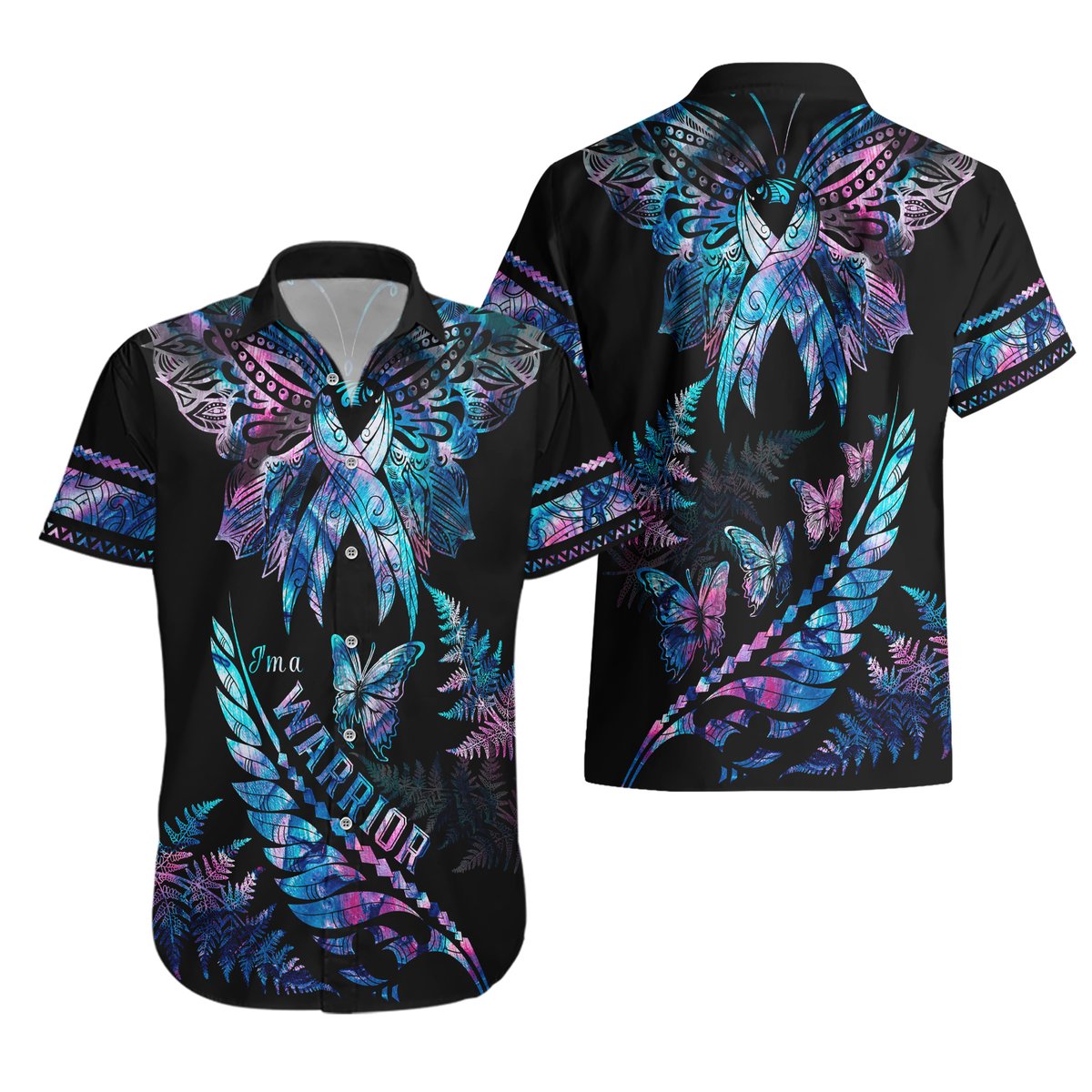 Polynesia Ribbon Butterflies Hawaiian Shirt Silver Fern Breast Cancer With Papua Shell Pattern LT9 - Polynesian Pride