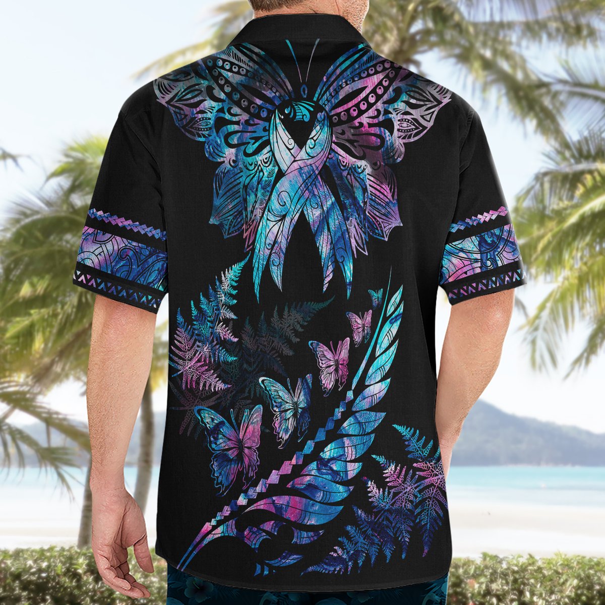 Polynesia Ribbon Butterflies Hawaiian Shirt Silver Fern Breast Cancer With Papua Shell Pattern LT9 - Polynesian Pride