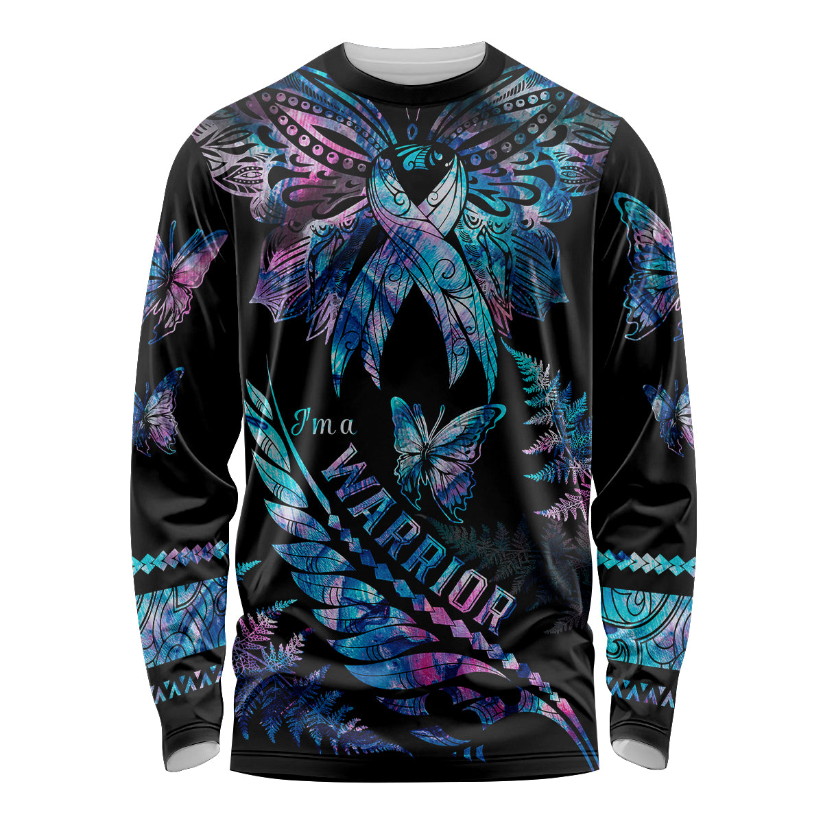 Polynesia Ribbon Butterflies Long Sleeve Shirt Silver Fern Breast Cancer With Papua Shell Pattern LT9 Unisex Black - Polynesian Pride