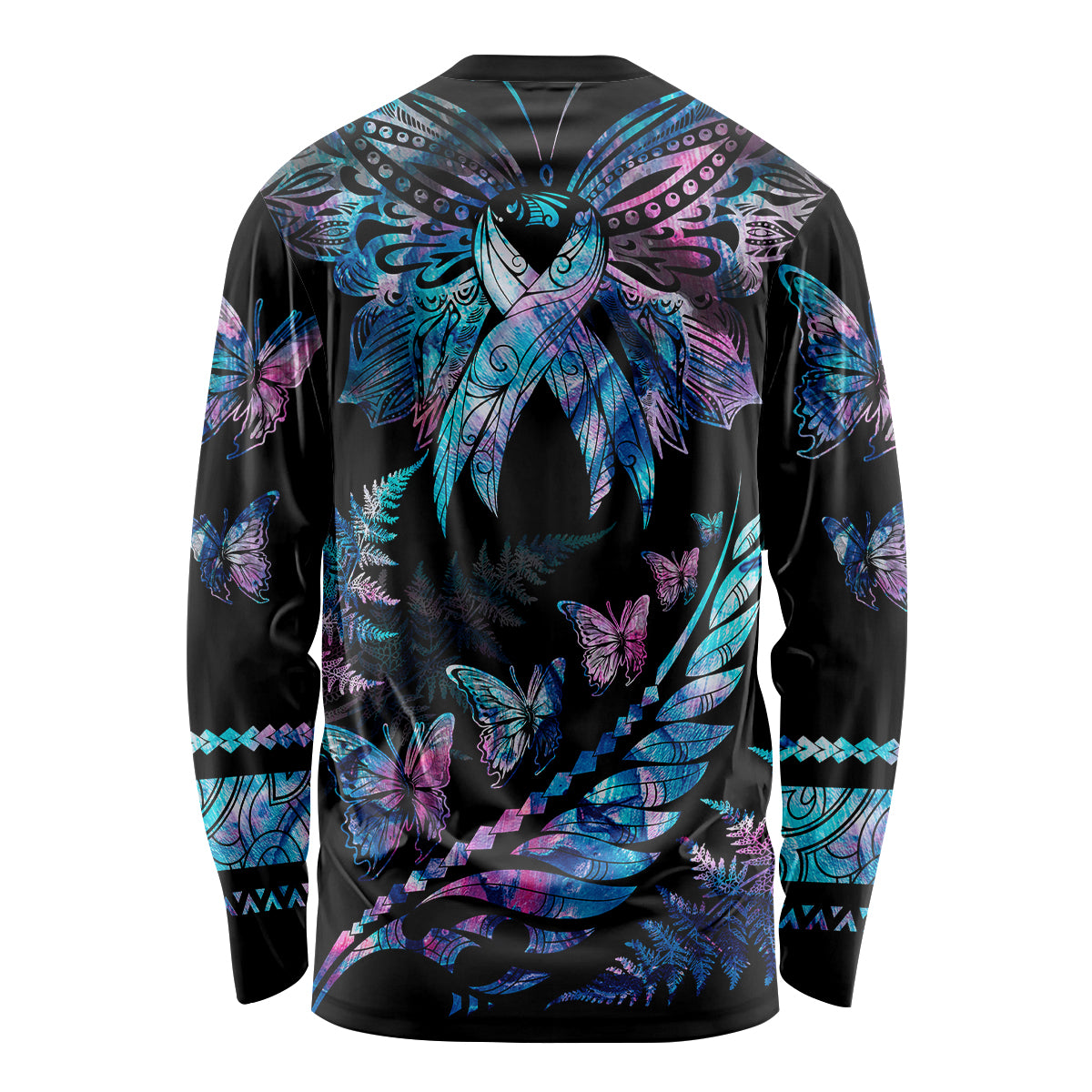 Polynesia Ribbon Butterflies Long Sleeve Shirt Silver Fern Breast Cancer With Papua Shell Pattern LT9 - Polynesian Pride