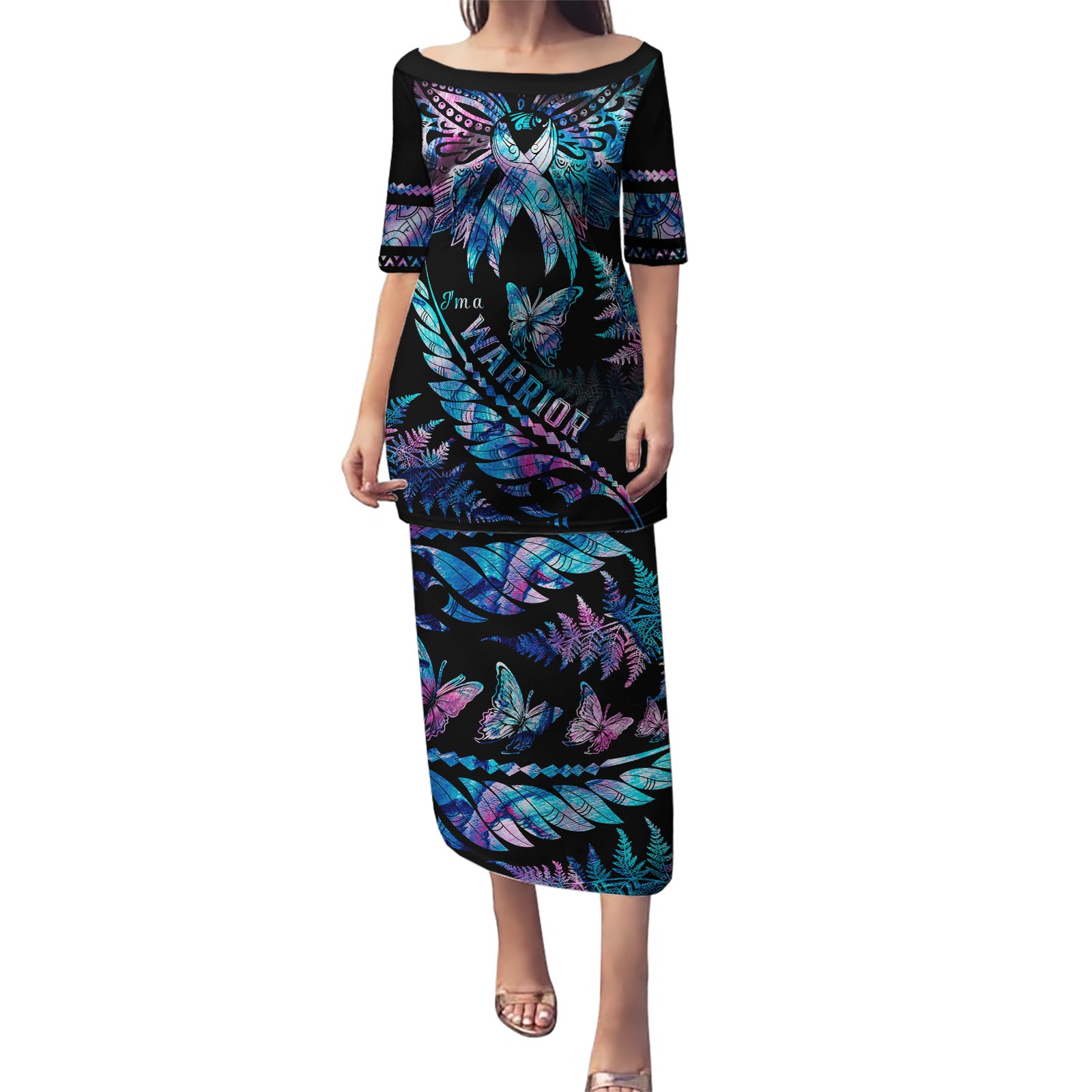 Polynesia Ribbon Butterflies Puletasi Silver Fern Breast Cancer With Papua Shell Pattern LT9 Long Dress Black - Polynesian Pride