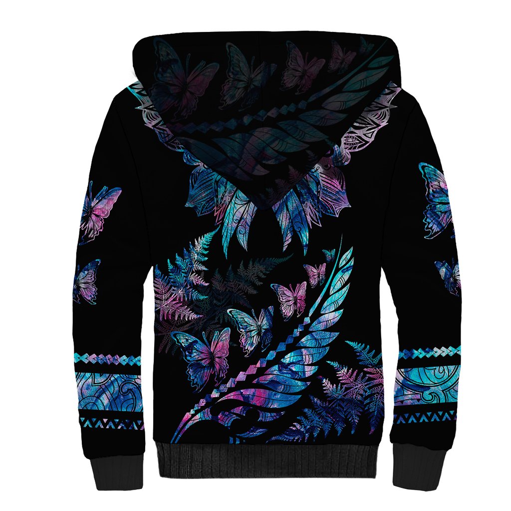 Polynesia Ribbon Butterflies Sherpa Hoodie Silver Fern Breast Cancer With Papua Shell Pattern LT9 - Polynesian Pride