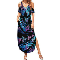 Polynesia Ribbon Butterflies Summer Maxi Dress Silver Fern Breast Cancer With Papua Shell Pattern LT9 Women Black - Polynesian Pride