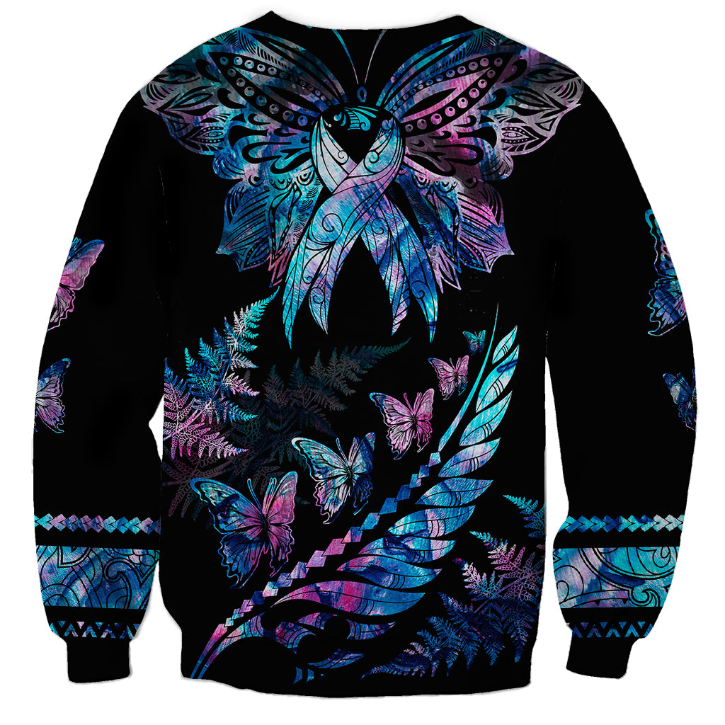 Polynesia Ribbon Butterflies Sweatshirt Silver Fern Breast Cancer With Papua Shell Pattern LT9 - Polynesian Pride