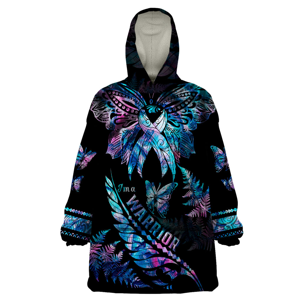 Polynesia Ribbon Butterflies Wearable Blanket Hoodie Silver Fern Breast Cancer With Papua Shell Pattern LT9 One Size Black - Polynesian Pride