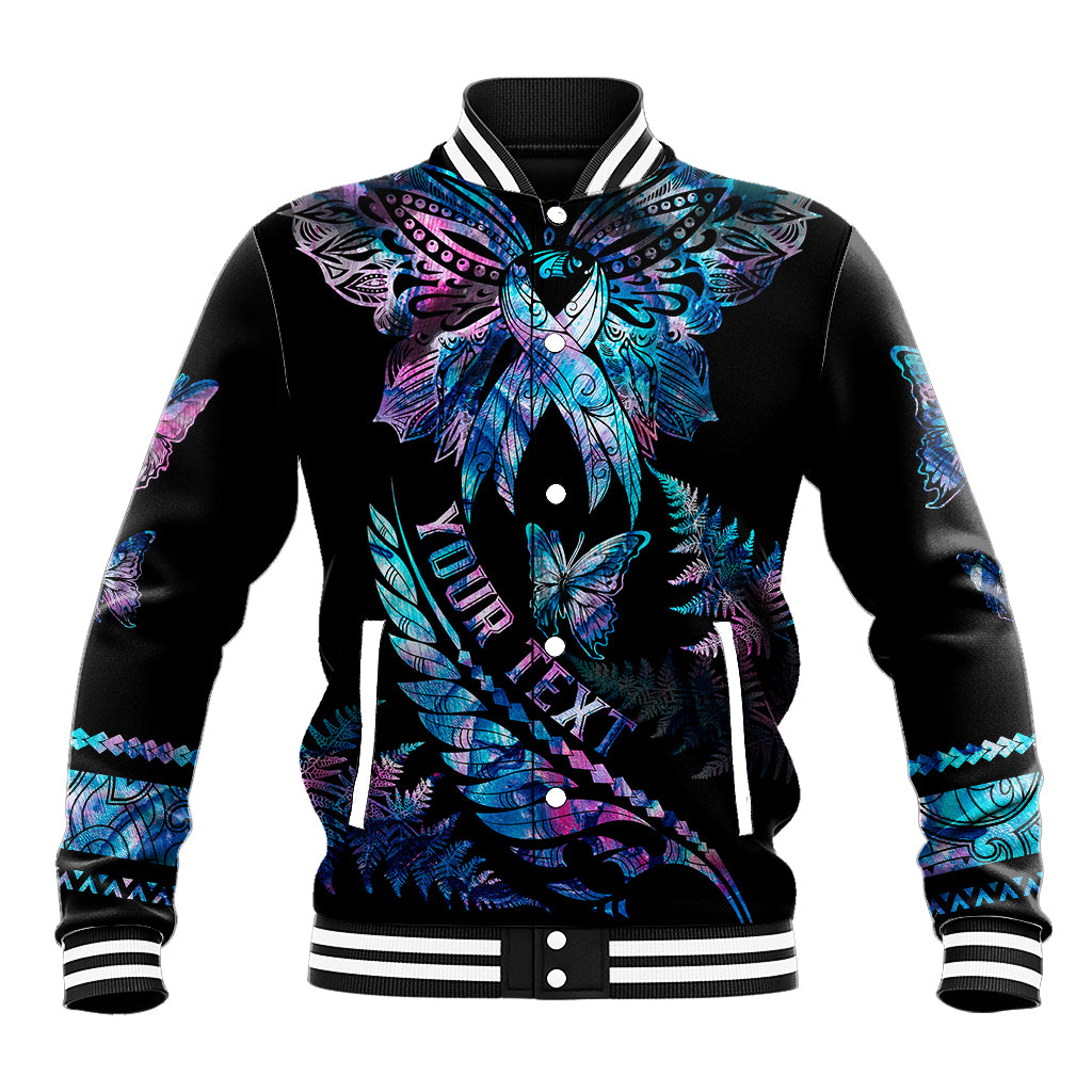 Personalised Polynesia Ribbon Butterflies Baseball Jacket Silver Fern Breast Cancer With Papua Shell Pattern LT9 Unisex Black - Polynesian Pride