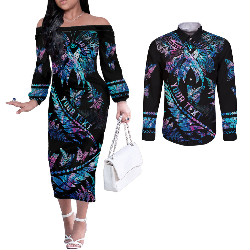 Personalised Polynesia Ribbon Butterflies Couples Matching Off The Shoulder Long Sleeve Dress and Long Sleeve Button Shirts Silver Fern Breast Cancer With Papua Shell Pattern LT9 Black - Polynesian Pride