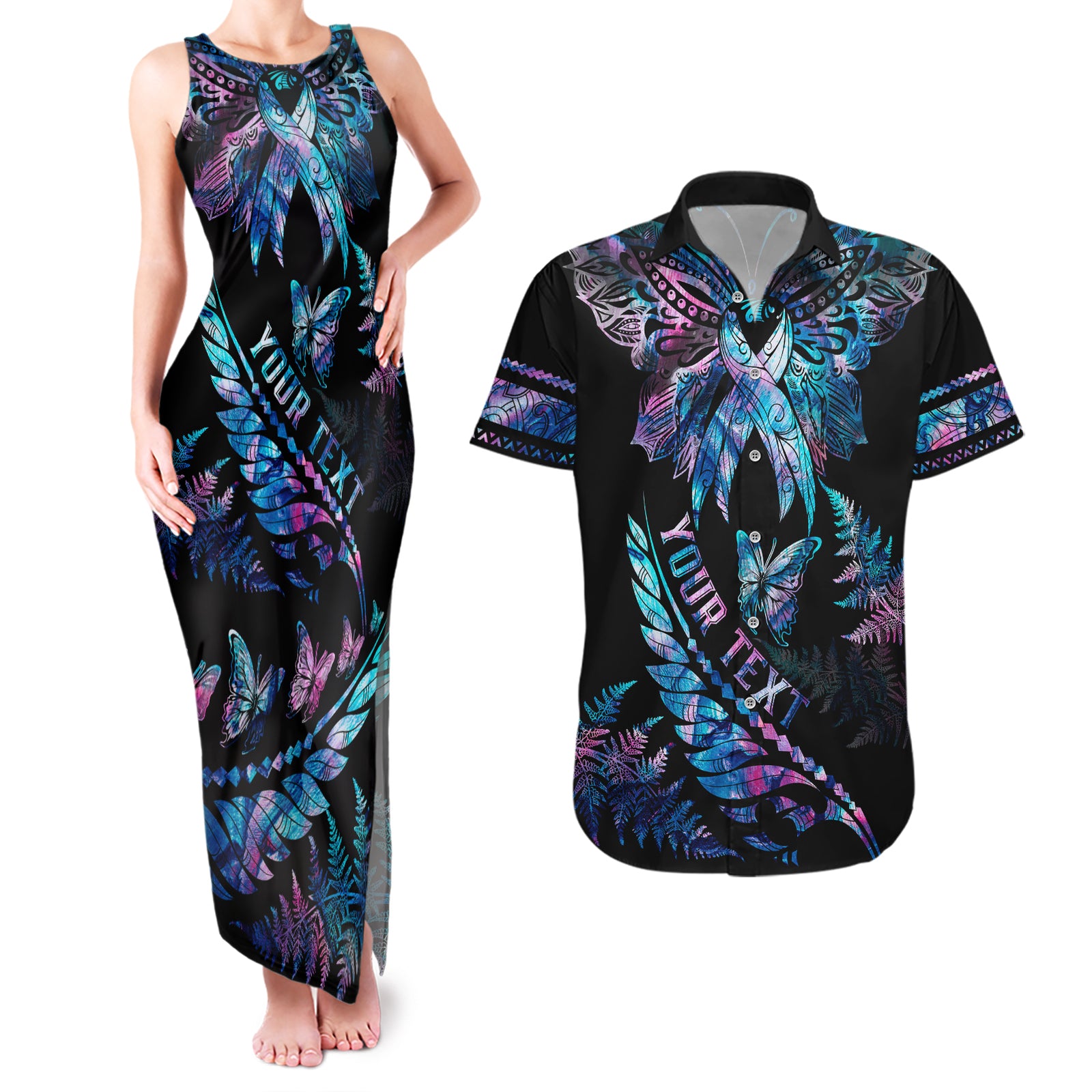 Personalised Polynesia Ribbon Butterflies Couples Matching Tank Maxi Dress and Hawaiian Shirt Silver Fern Breast Cancer With Papua Shell Pattern LT9 Black - Polynesian Pride
