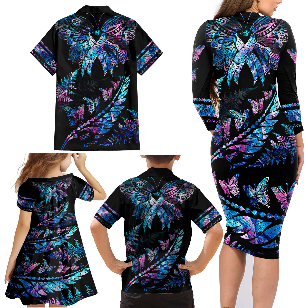 personalised-polynesia-ribbon-butterflies-family-matching-long-sleeve-bodycon-dress-and-hawaiian-shirt-silver-fern-breast-cancer-with-papua-shell-pattern