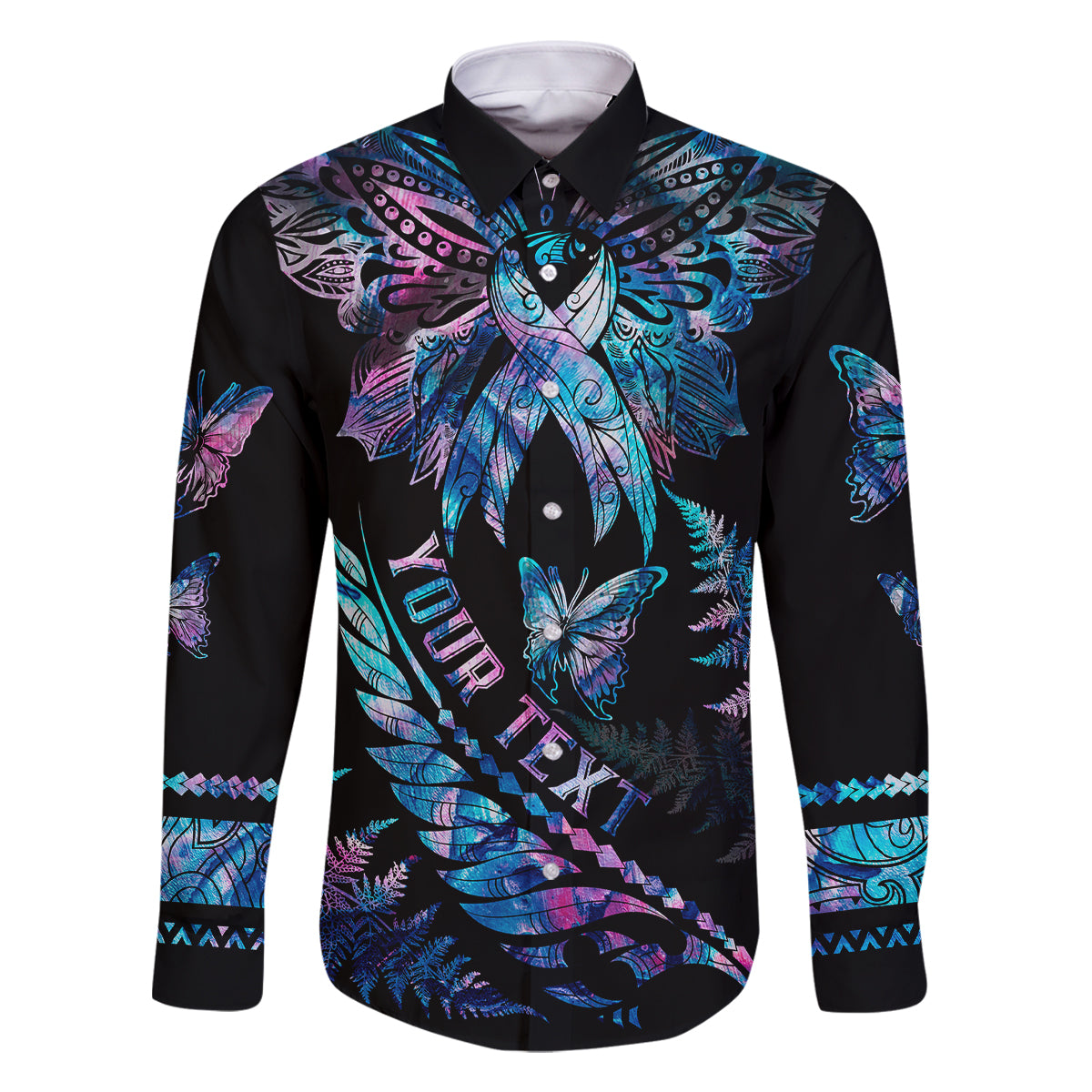 personalised-polynesia-ribbon-butterflies-family-matching-long-sleeve-bodycon-dress-and-hawaiian-shirt-silver-fern-breast-cancer-with-papua-shell-pattern