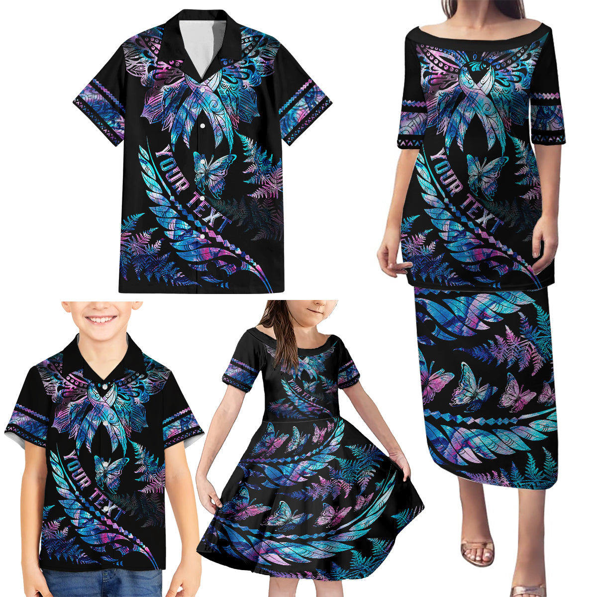 Personalised Polynesia Ribbon Butterflies Family Matching Puletasi Dress and Hawaiian Shirt Silver Fern Breast Cancer With Papua Shell Pattern LT9 - Polynesian Pride