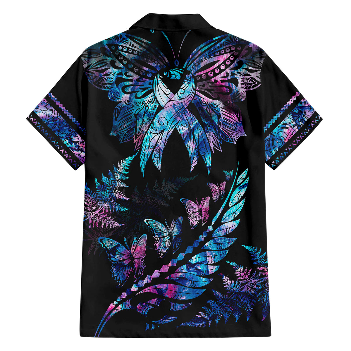 personalised-polynesia-ribbon-butterflies-family-matching-short-sleeve-bodycon-dress-and-hawaiian-shirt-silver-fern-breast-cancer-with-papua-shell-pattern