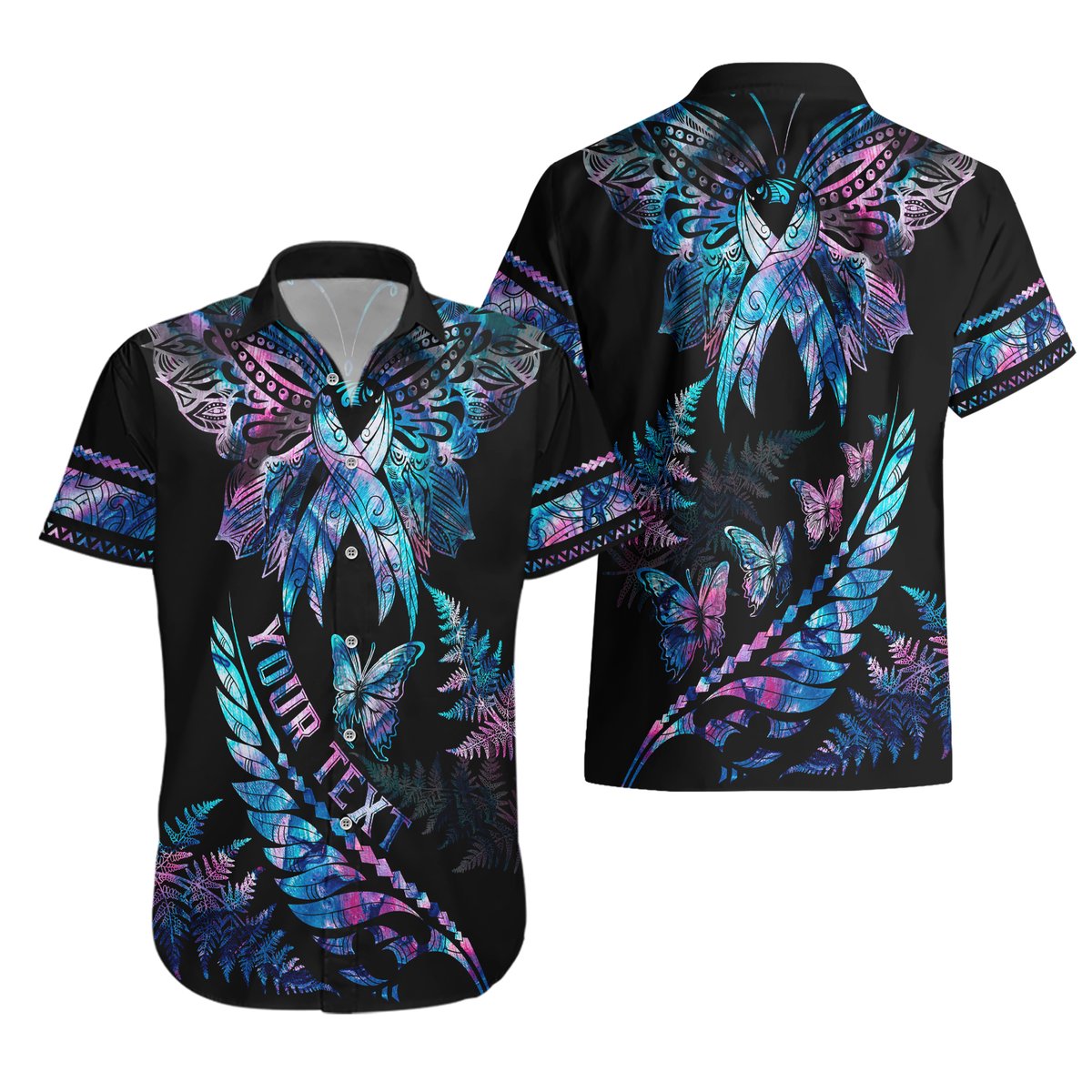 Personalised Polynesia Ribbon Butterflies Hawaiian Shirt Silver Fern Breast Cancer With Papua Shell Pattern LT9 - Polynesian Pride