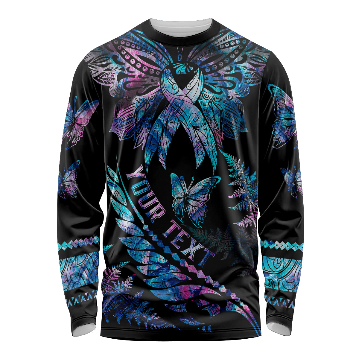 Personalised Polynesia Ribbon Butterflies Long Sleeve Shirt Silver Fern Breast Cancer With Papua Shell Pattern LT9 Unisex Black - Polynesian Pride