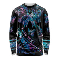 Personalised Polynesia Ribbon Butterflies Long Sleeve Shirt Silver Fern Breast Cancer With Papua Shell Pattern LT9 Unisex Black - Polynesian Pride