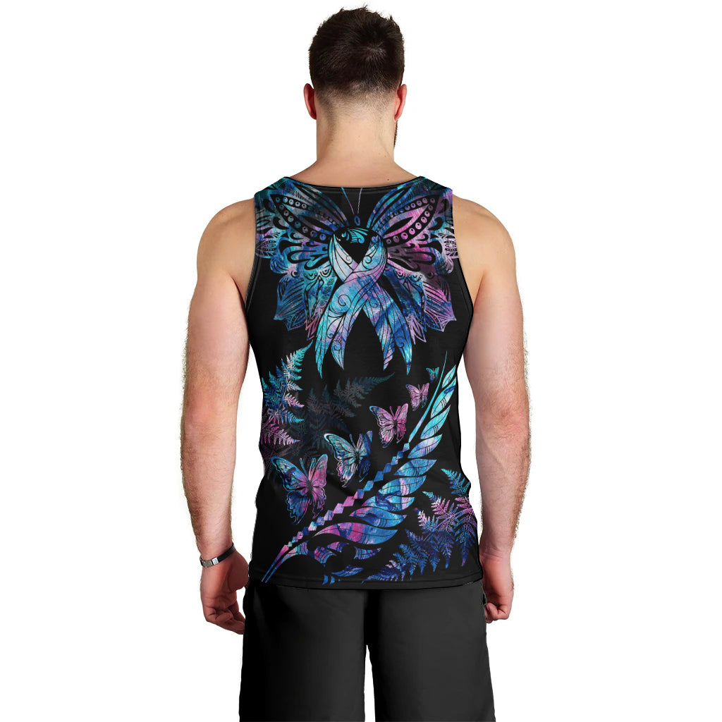 Personalised Polynesia Ribbon Butterflies Men Tank Top Silver Fern Breast Cancer With Papua Shell Pattern LT9 - Polynesian Pride