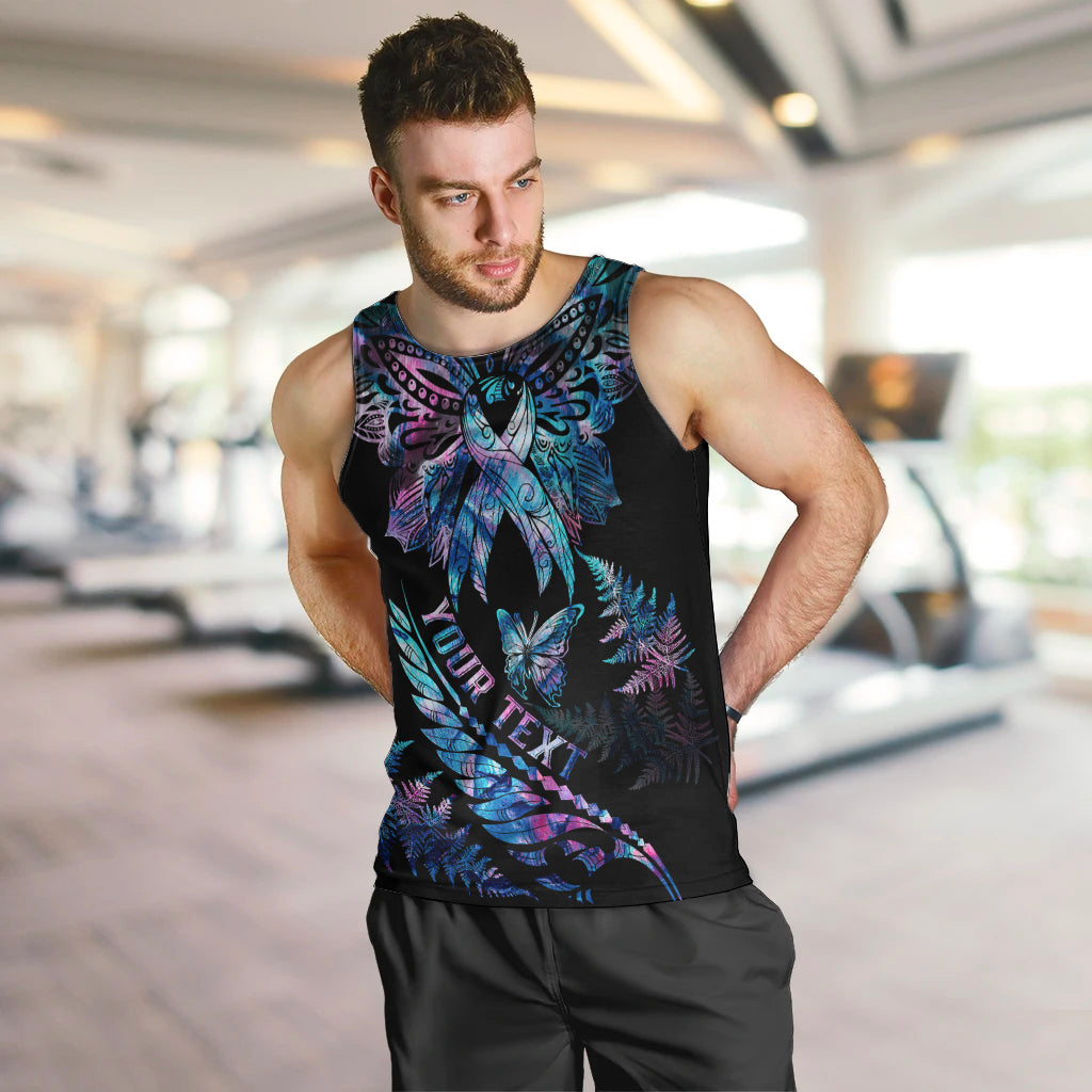 Personalised Polynesia Ribbon Butterflies Men Tank Top Silver Fern Breast Cancer With Papua Shell Pattern LT9 - Polynesian Pride