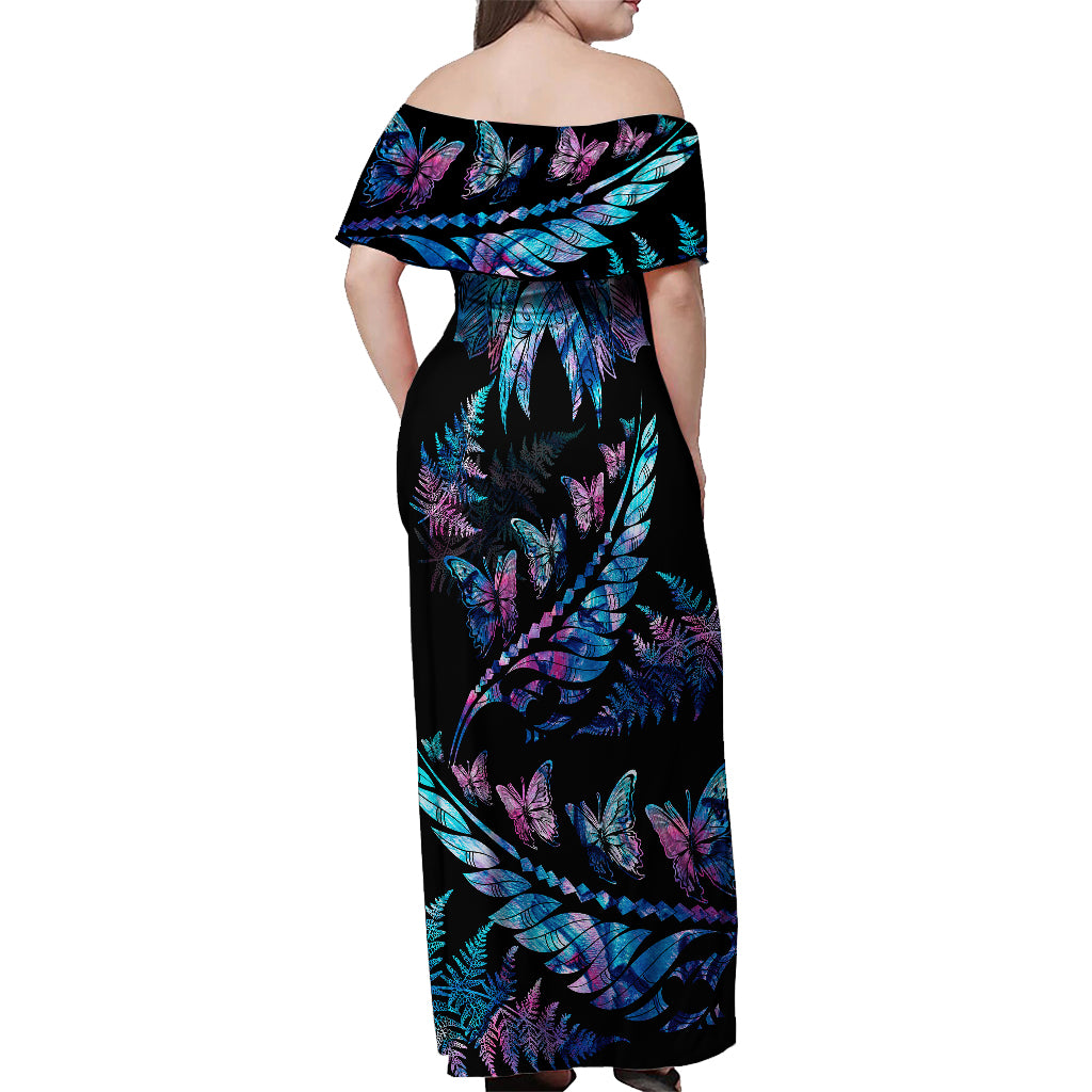 Personalised Polynesia Ribbon Butterflies Off Shoulder Maxi Dress Silver Fern Breast Cancer With Papua Shell Pattern LT9 - Polynesian Pride